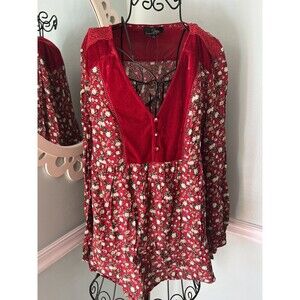 NWT Suzanne Betro Large‎ Floral Blouse Shirt Top Red Velvet /Rayon Relaxed